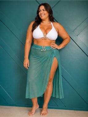 Plus Size 4XL Teal Sheer Sarong Swim Cover Up Beach Wrap Maxi